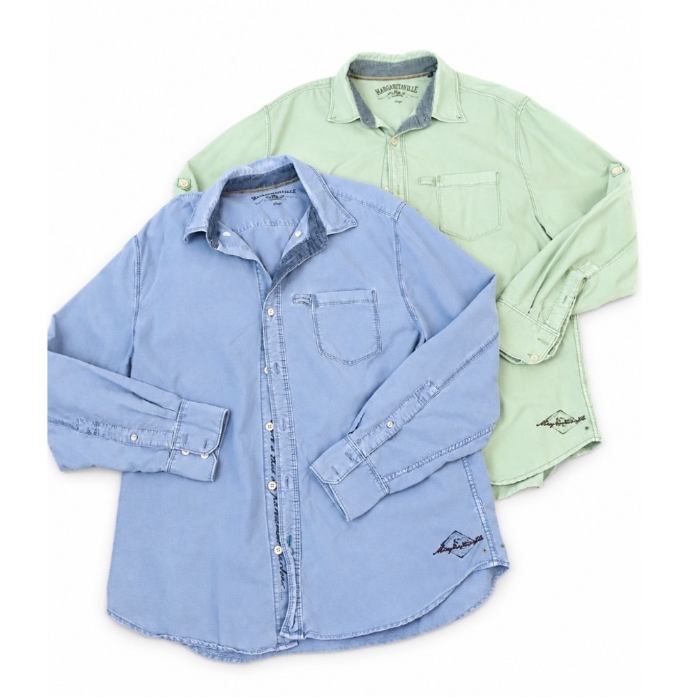 Lot of 2 Margaritaville Mens Long Sleeve Button Down Shirts Blue Green Large